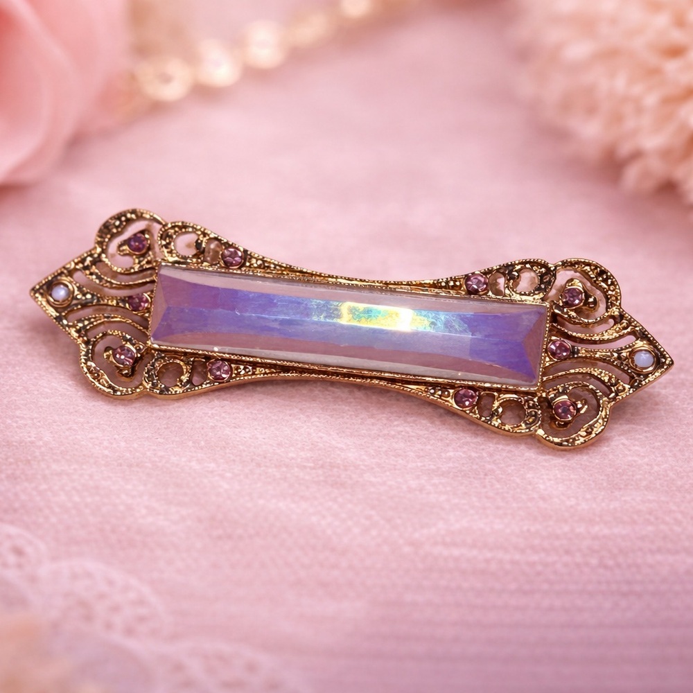 Vintage Art Deco Style Filigree Bar Brooch Iridescent Pink Rhinestone Hat Lapel